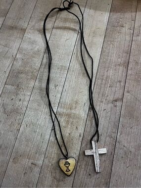Wooden Cross and Heart Religious Pendants Necklace Set in Black and Tan